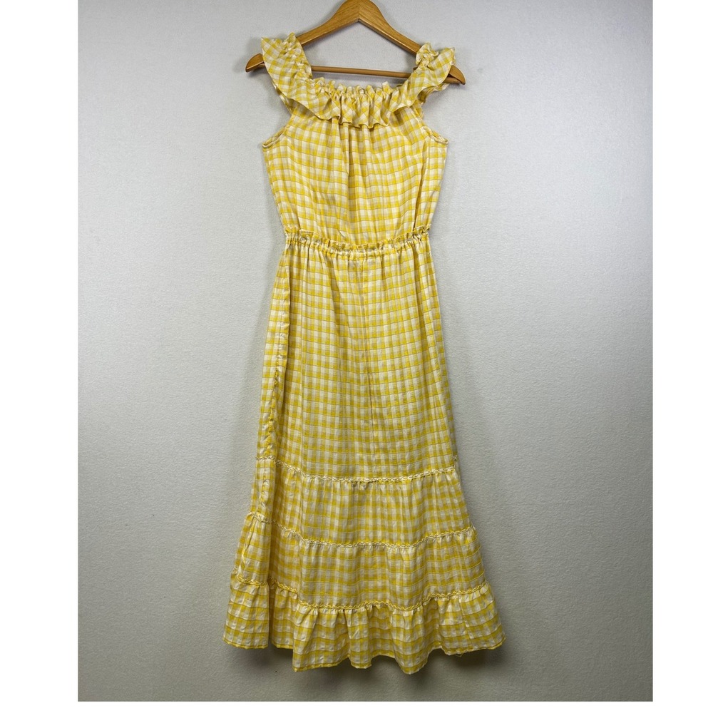 Max Studio Yellow Gingham Tiered Maxi Dress Ruffle Neckline Elastic Waist Size S - Picture 2 of 8